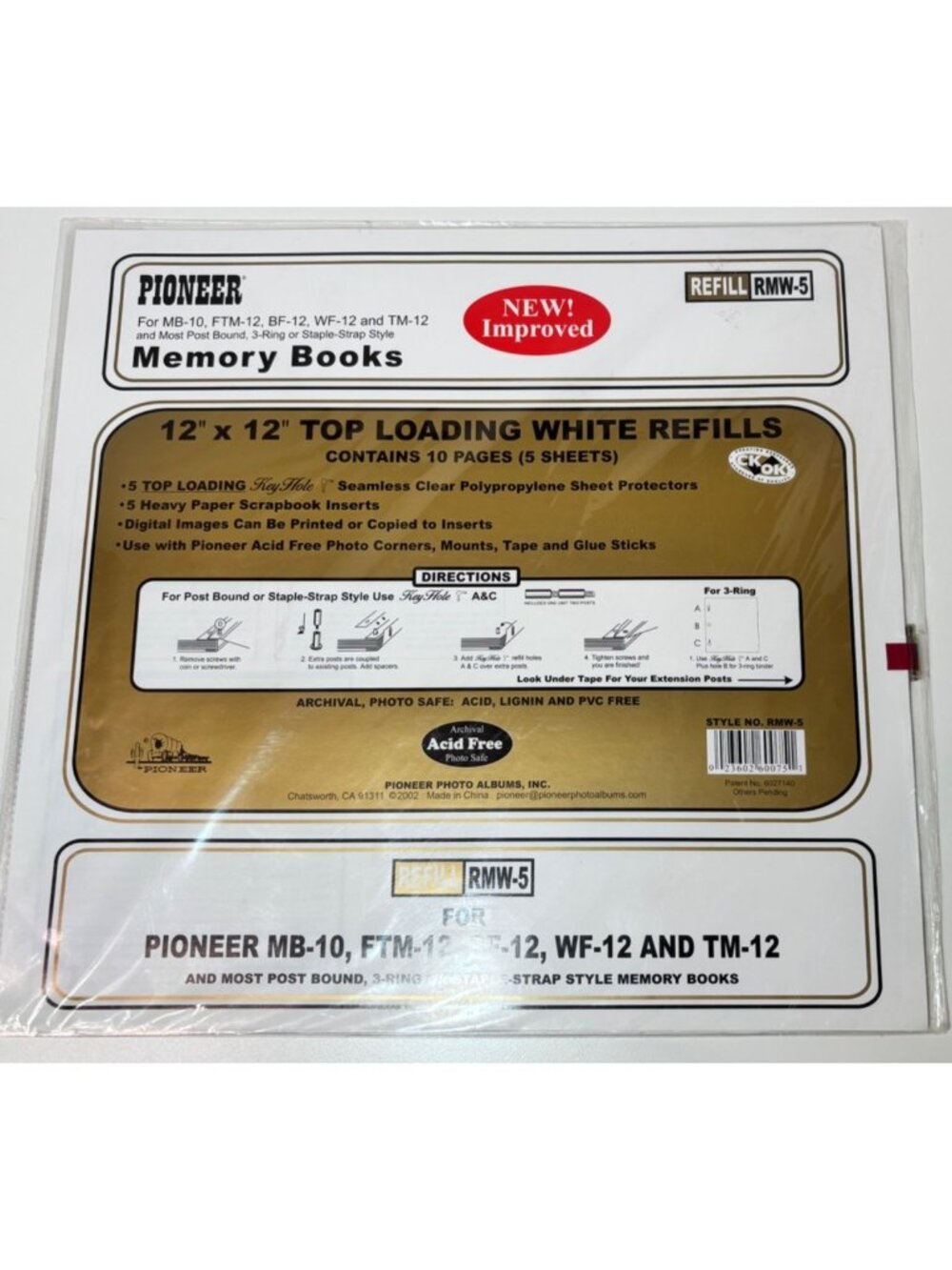 Pioneer Memory Books 12” X 12” Top Loading White Refill Pages RMW-5 Scrapbook